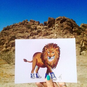 Greeting gard, lion card, blue converse, lion birthday card, congratulations, greeting cards, lion wearing converse, high tops, zoo animals image 3