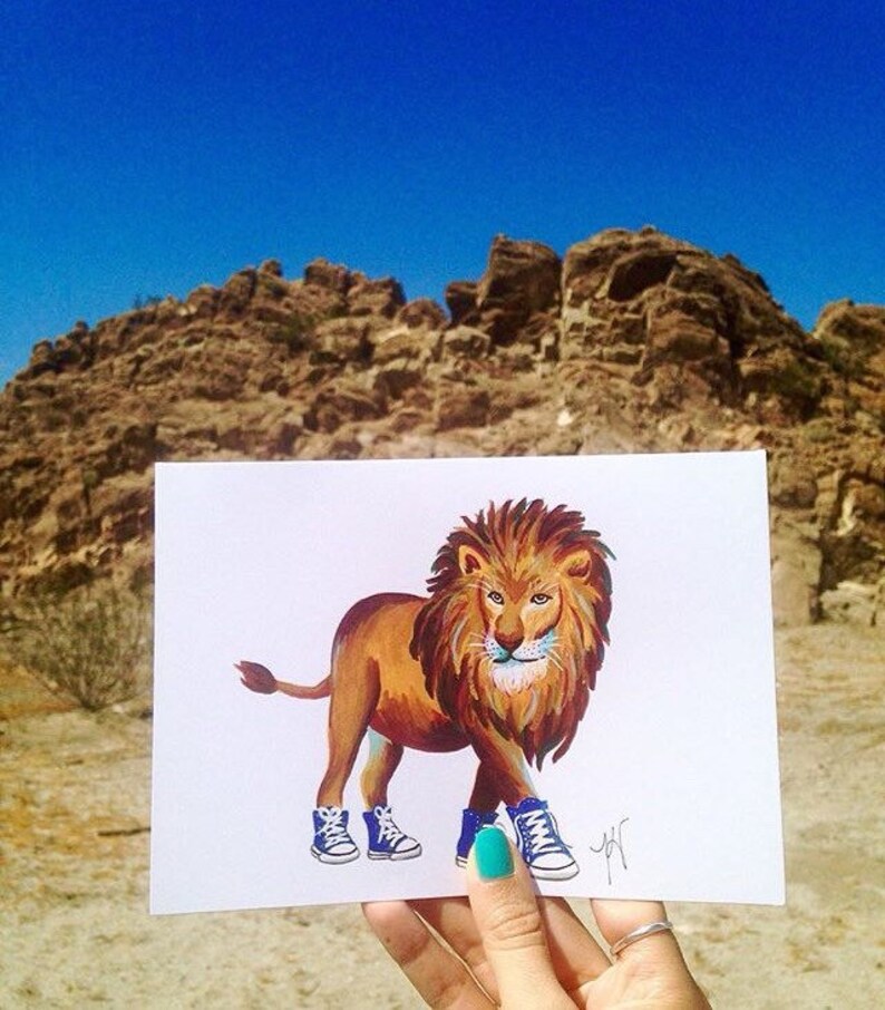 Greeting gard, lion card, blue converse, lion birthday card, congratulations, greeting cards, lion wearing converse, high tops, zoo animals image 3