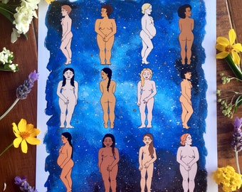 Goddesses of the Galaxy, Astrological, feminist art, galaxy, full frontal nudity, girl magic, womanhood decor, sisterhood,nudes, women