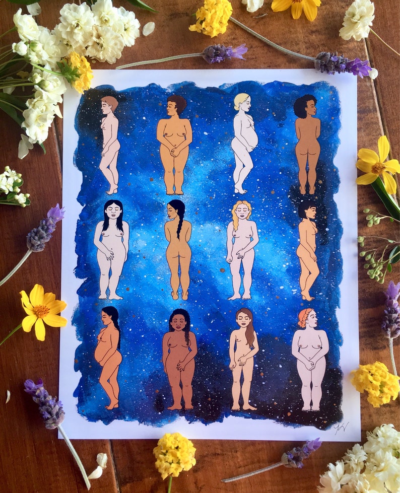 Goddesses of the Galaxy, Astrological, feminist art, galaxy, full frontal nudity, girl magic, womanhood decor, sisterhood,nudes, women image 1