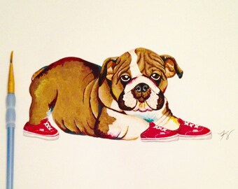 Bulldog print, bulldog wearing shoes, puppy, dog, red shoes, red sneakers, bull dog in shoes, baby bulldog art, red vans, english bulldog