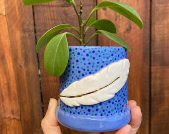 Feather pot, gold pots, planters, Unique pots, handmade ceramics, handmade pottery, funky pots, polka dot pots