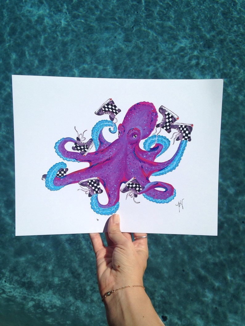 Octopus print, purple octopus print, squid watercolor, wildlife, nature, purple octopus, high tops, kids room, sea creatures, ocean life image 2