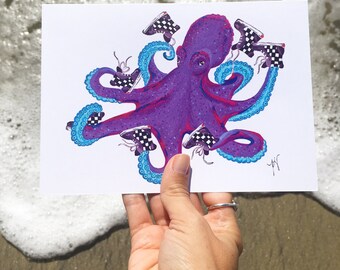 Octopus, octopus card, greeting card, birthday card, love note, octopus wearing shoes, blank cards, vans, squid, handmade, purple octopus