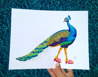 Peacock print, Peacock in shoes, peacock feathers, fuzzy slippers, colorful bird art, wildlife prints, slippers, blue peacock, bird prints