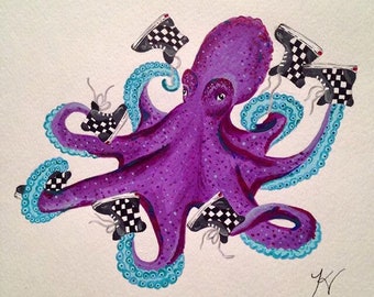 Octopus print, purple octopus print, squid watercolor, wildlife, nature, purple octopus, high tops, kids room, sea creatures, ocean life
