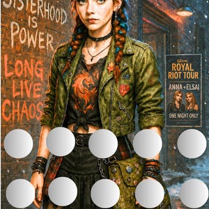 May include: A digital illustration of a person with braided red hair wearing an olive green jacket, black top with a phoenix graphic, and a black skirt. The background features brick walls with text, a neon sign, and a poster for a Royal Riot Tour.