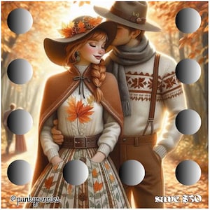 May include: An illustration of two figures in autumn attire. One wears a brown cape and hat adorned with orange leaves over a cream sweater and skirt. The other wears a brown hat, a grey scarf, and a cream sweater with brown patterns and suspenders.