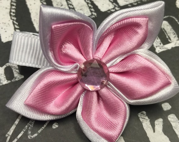 Pink and White Satin Flower Clips