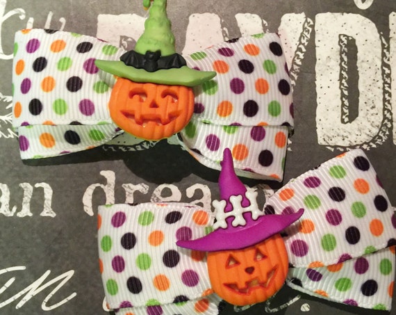 2" Spooky Jack O' Lantern Polka Dot Mini Bows - Dog Bows - Halloween Dog Bows- Bows for Dogs - Bows for Girls