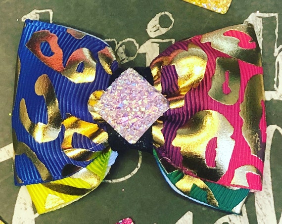 2” Colorful Gold Foil Leopard Print Mini Bow - Dog Bows - Dog Hair Bows - Bows for Dogs - Bows for Girls - Animal Print Bows - Small Bows