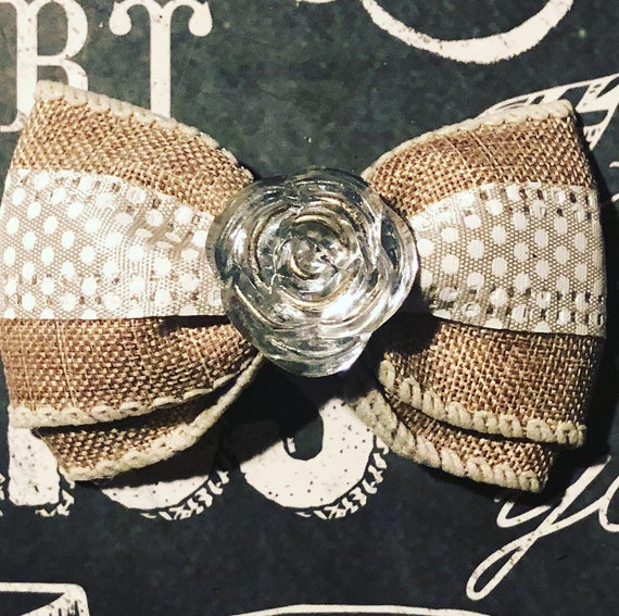 2" Burlap and Cream Polka Dot Mini Bow- Dog Bows - Bows for Dogs - Bows - Hair Bows for Dogs - Polka Dot Bows