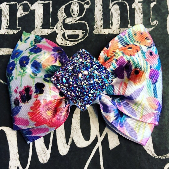 2" Colorful Stain Floral Mini Bow - Dog Bows - Bows for Girls - Dog Hair Bows - Bows with Flowers - Purple Sparkle - Colorful Bow