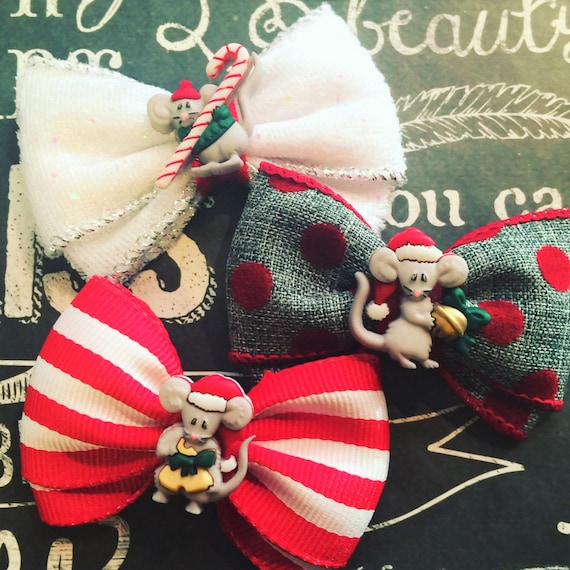Bows for Dogs or Girls - 2" Holiday Mouse Mini Bow Set - Holiday Bows - Dog Bows - Christmas Bows - Twas the night before Christmas - Bows