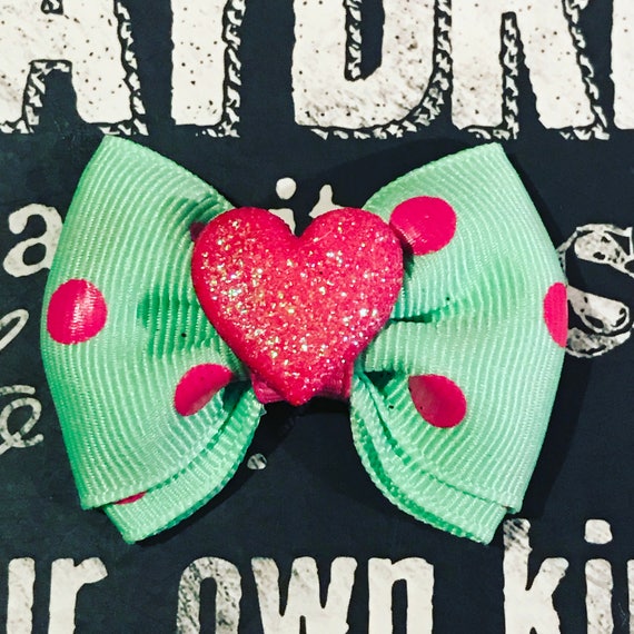 2" Mint Green and Pink Mini Bow - Dog Bows - Bows for Girls - Baby Bows - Polka Dots - Hearts