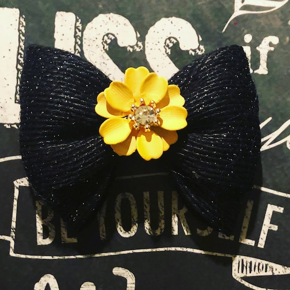 2" Black Burlap and Yellow Flower Mini Bow - Dog Bows - Flowers - Fall Bows - Bows for Girls - Baby Bows