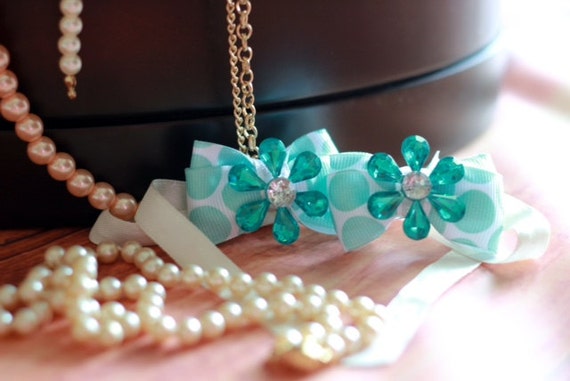 2" Mint and White Polka Dot Mini Dog Bow Set