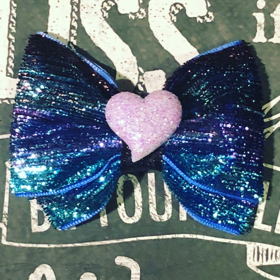 Bows for Dogs or Girls - 2" Sparkly Purple/Blue Velvet Mini Bow - Dog Bows - Bows for Girls - Sparkly Bows - Dog Hair Bows - Purple Heart