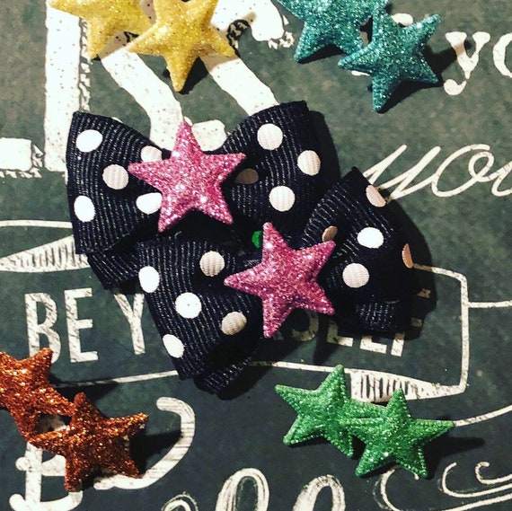1.25” Sparkly Super Star Tiny Bows - Dog Bows - Tiny Dog Bows - Hair Bows for Dogs - Star Bows - Polka Dot Bows - Pigtail Bow Sets