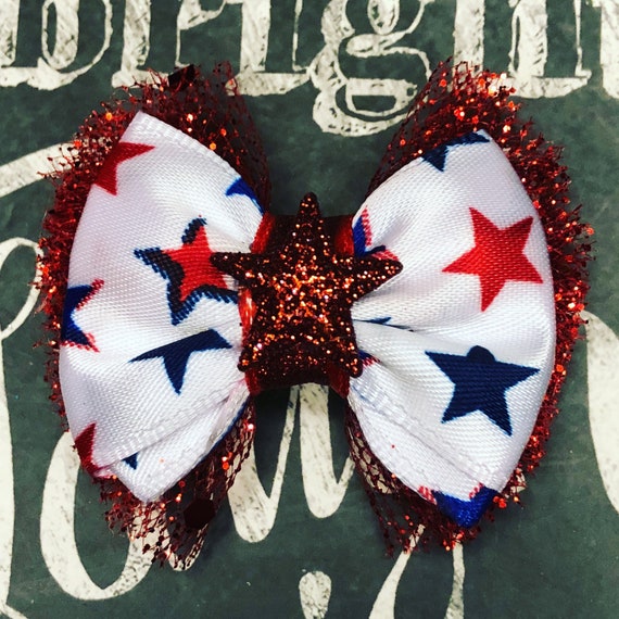 2” 4th of July Sparkly Mini Bow with Red Glitter Tulle- Dog Bows - Bows for Girls - Patriotic Bows - Bows with Stars - Bows for Dogs