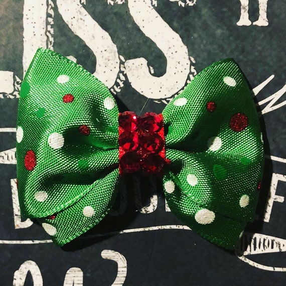2" Green with Red and White Holiday Polka Dot Mini Bow- Dog Bows - Bows for Dogs - Christmas Bows - Hair Bows for Dogs - Winter Bows