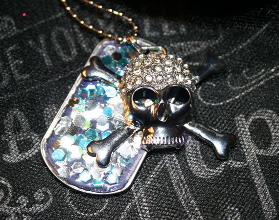 Silver Skull and Cross Bones Embellished Glitter Necklace