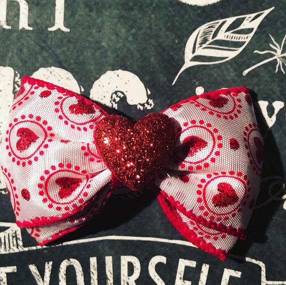 2" Red and White Valentine Mini Bow - Valentine’s Day - Dog Bows - Bows for Girls - Baby Bows - Bow with Hearts- Valentine Bows for Dogs