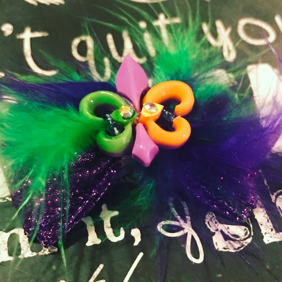2” Mardi Gras Mini Bow with Feathers - Dog Bows - Bows for Girls - Mardi Gras