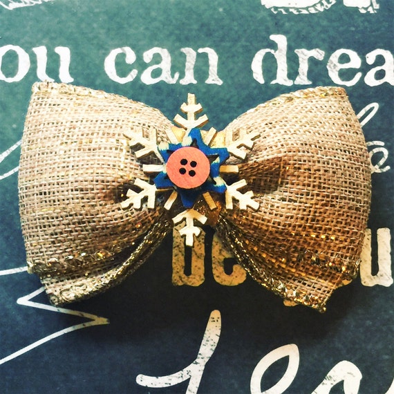Bows for Dogs or Girls - 2" Gold Sparkle Burlap Mini Bow - Snowflake - Holiday Bows - Dog Bows - Burlap - Bows - Gold