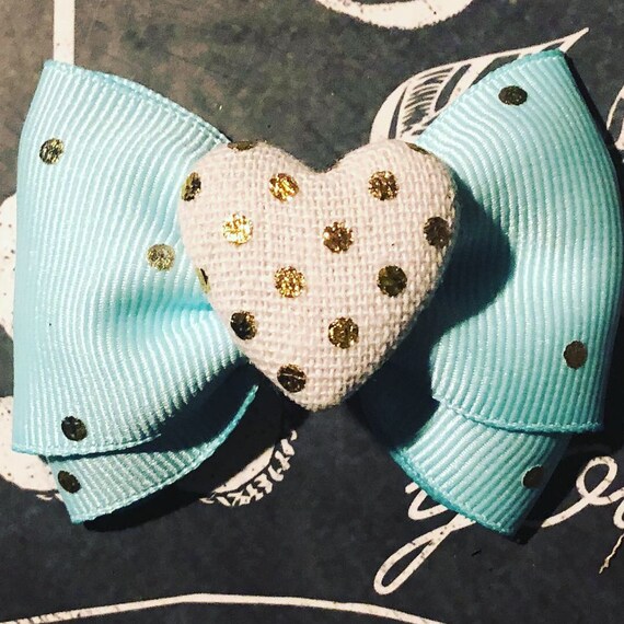 2" Turquoise and Gold Mini Bow- Dog Bows - Bows for Dogs - Bows - Hair Bows for Dogs - Turquoise Bows