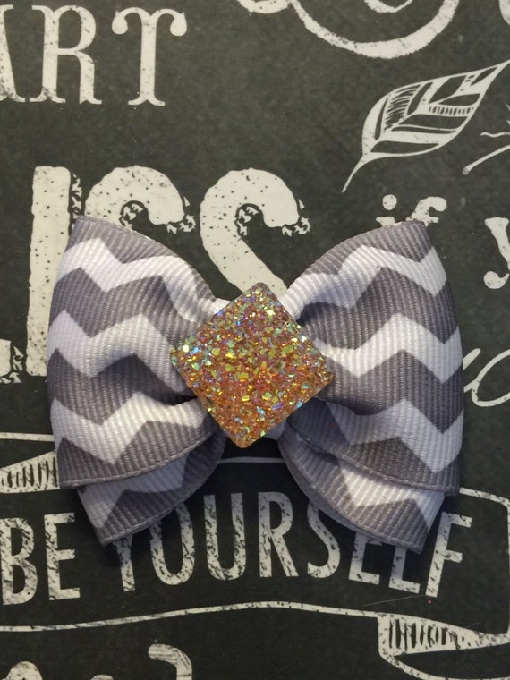 Gray Chevron Sparkle Mini Bow for Girls - or Dog Bows