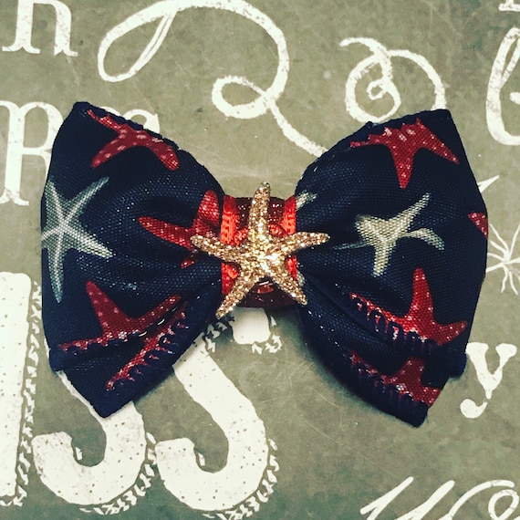 Bows for Dogs or Girls - 2" Navy with Starfish Mini Bow with Sparkly Starfish - Dog Bows - Summer Bows - Bows for Girls - Ocean Themed Bows