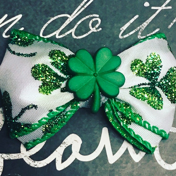 2" Sparkly St. Patrick's Day Four Leaf Clover Mini Bow - Dog Bows - Bows for Girls - Green Bows - St. Patrick’s Day Mini Bow - Small Bows
