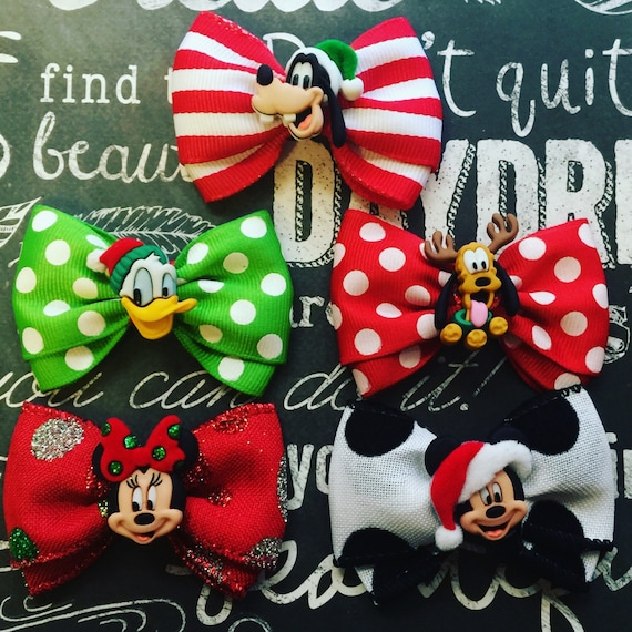 Bows for Dogs or Girls - 2" Mickey Christmas Mini Bows - Individual or Set - Mickey and Minnie Mouse - Goofy - Holiday Bows - Dog Bows