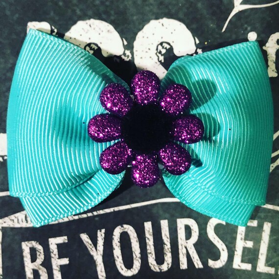 2" Turquoise and Purple Mini Bow - Dog Bows - Bows - Bows for Dogs- Dog Hair Bows - Mini Bows with Flowers - Turquoise Bows