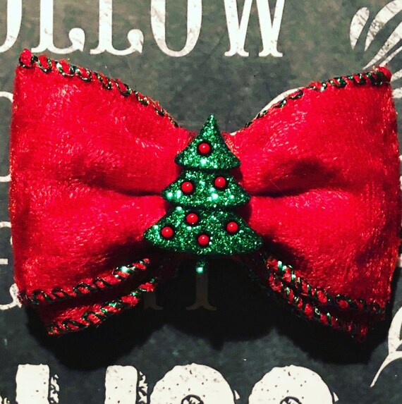 2" Red Velvet Christmas Tree Mini Bow- Dog Bows - Bows for Dogs - Holiday Bows - Hair Bows for Dogs - Red Bows - Christmas Tree Bows