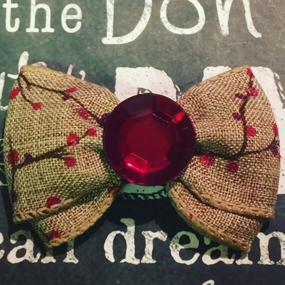 Bows for Dogs and Girls - 2" Mini -Fall Tree branch with Red Sparkles, Burlap, with Red Rhinestone Center