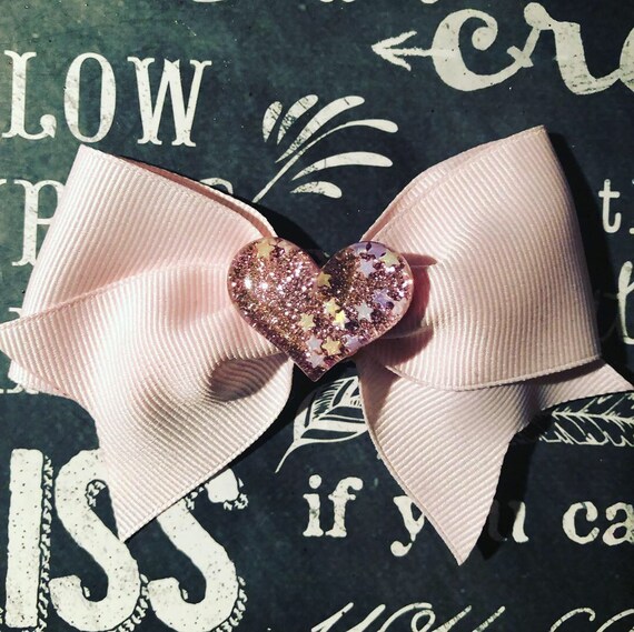 4" Pastel Pink Glitter Heart Bow - Large Dog Bows - Bows for Girls - Heart Bows - Dog Bows - Pink Bows