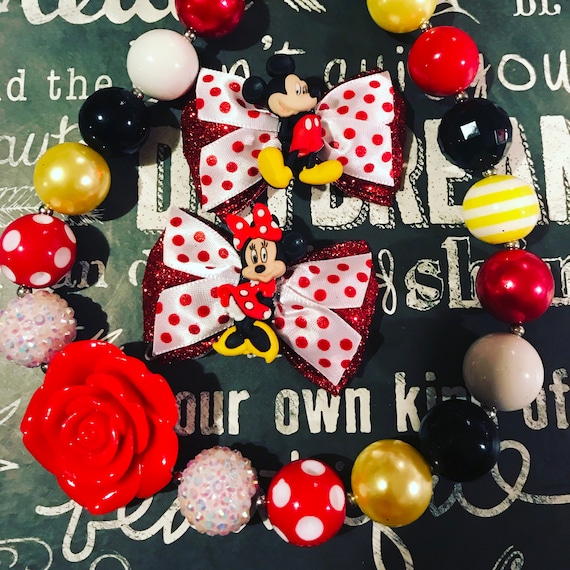 Mickey and Minnie Valentine’s Day Mini Bow and Bubblegum Necklace Set - Bows for Girls - Mickey Mouse - Minnie Mouse - Valentine’s Day