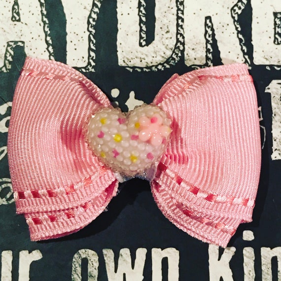 2" Pastel Pink with Heart Mini Bow - Valentine’s Day - Dog Bows - Bows for Girls - Baby Bows - Polka Dots - Hearts