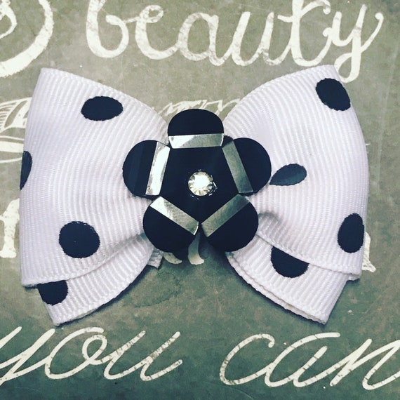 Bows for Dogs or Girls - 2" Black and White Polka Dot Mini Bow with Black Acrylic Flower - Dog Bows - Bows for Girls - Polka Dot Bows