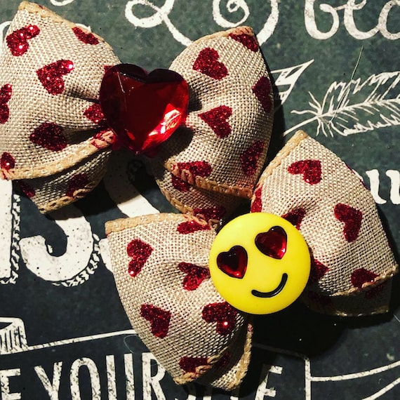 2” Burlap and Red Glitter Heart Mini Bows - Bows for Girls - Dog Bows - Valentine’s Day - Emoji Bows - Hair Bows for Dogs