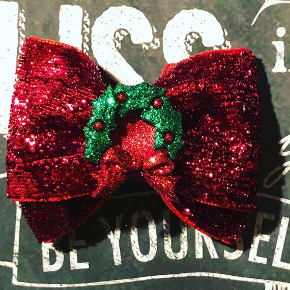2" Christmas Wreath Mini Bow - Bows for Dogs - Red Bows - Christmas Bow - Holiday Bows - Dog Bows - Bows - Red Velvet Bows