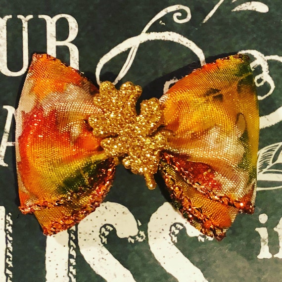 2" Gold Sparkle Fall Mini Bow - Bows for Dogs and Girls - Fall Bows - Autumn Bows - Bows with Leaves - Dog Hair Bows