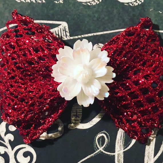 2" Holiday Flower and Red Mesh Sparkle Mini Bow- Dog Bows - Bows for Dogs - Holiday Bows - Hair Bows for Dogs - Christmas Bow - Holiday Bow