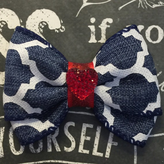 2" Denim/White with Red Heart Mini Bow