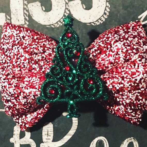 2" Sparkly Filigree Christmas Tree Mini Bow- Dog Bows - Bows for Dogs - Holiday Bows - Hair Bows for Dogs - Red Bows - Christmas Tree Bows