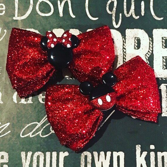 Mickey and Minnie Red Glitter Mini Bow Set - Bows for Girls - Dog Bows - Valentine’s Day - Mickey Mouse