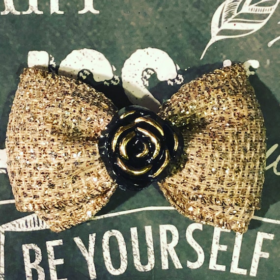 2" Gold Sparkle Burlap Mini Bow with Beautiful Black Rose- Dog Bows - Bows for Girls - Bows with Flower