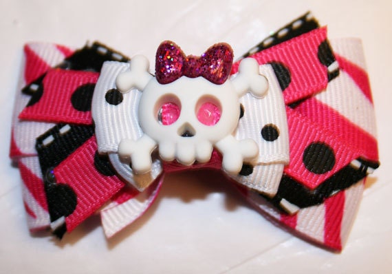 2 1/2" Mini Girly Skull Dog Bowtique Bow - Dog Bow - Bows for Girls - Pink Bows - Bows with Skulls